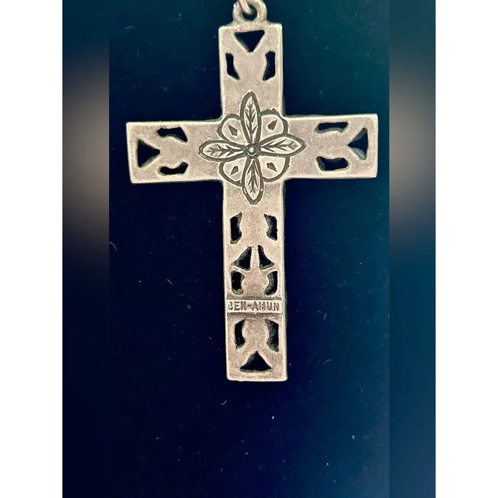 Ben-Amun Vintage Signed Floral Enamel Cross Pendant Necklace Silver Tone